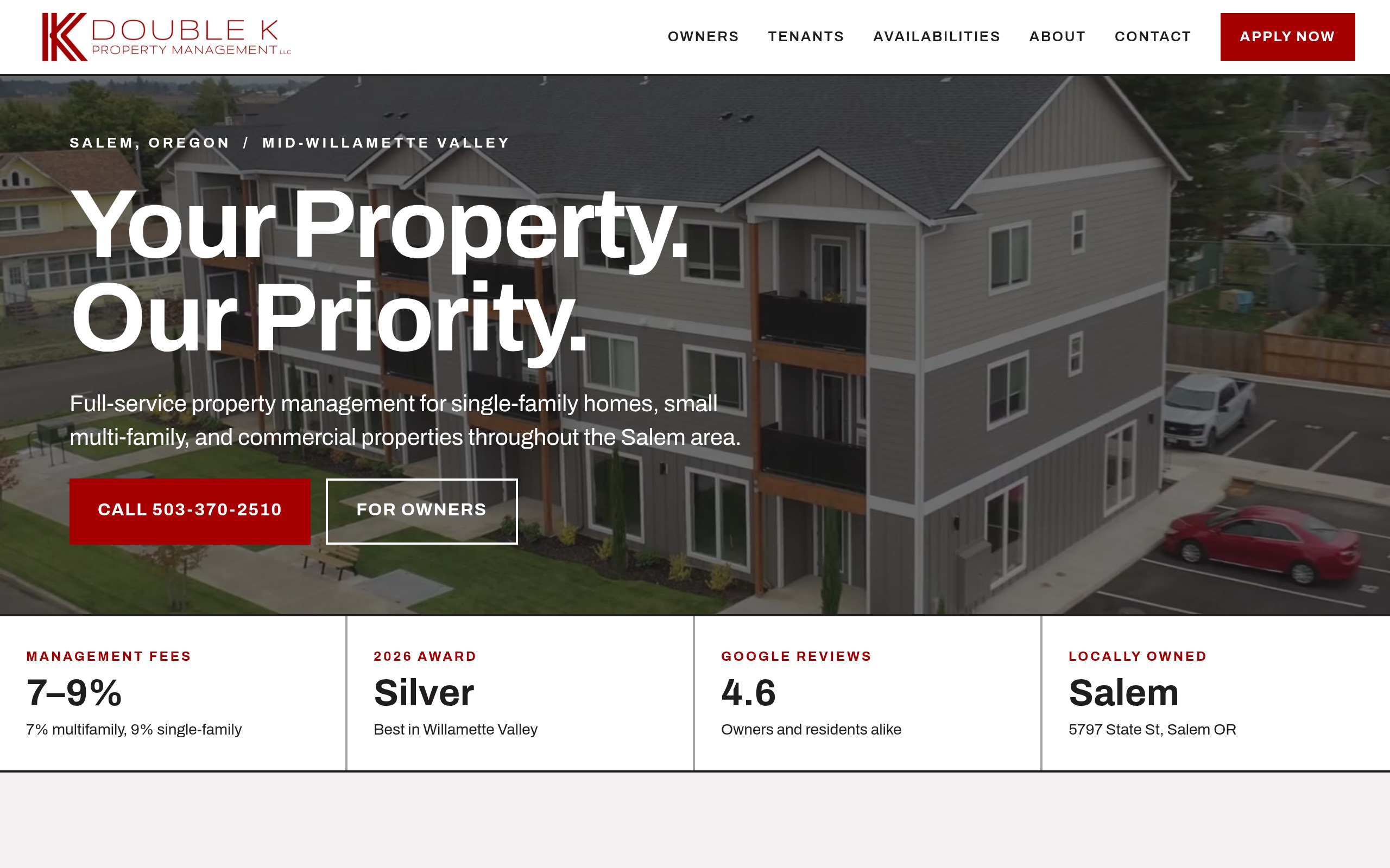 Double K Property Management homepage: aerial view of an apartment building under the headline Your Property. Our Priority.