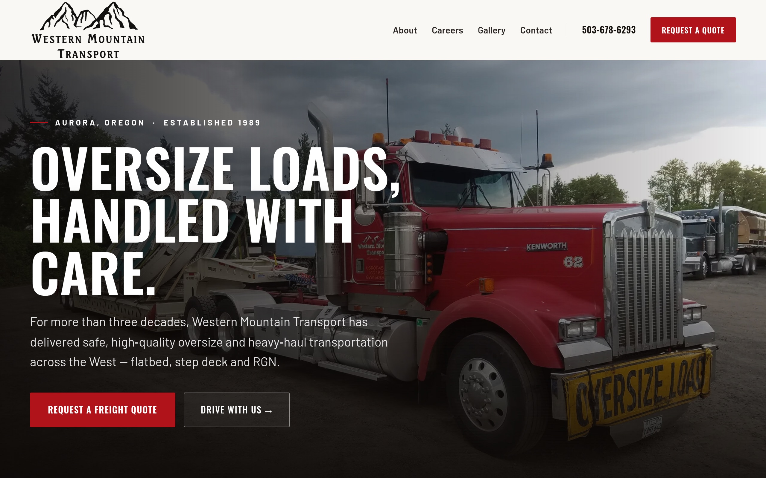 Western Mountain Transport homepage: red Kenworth hauling an oversize load under the headline Oversize loads, handled with care